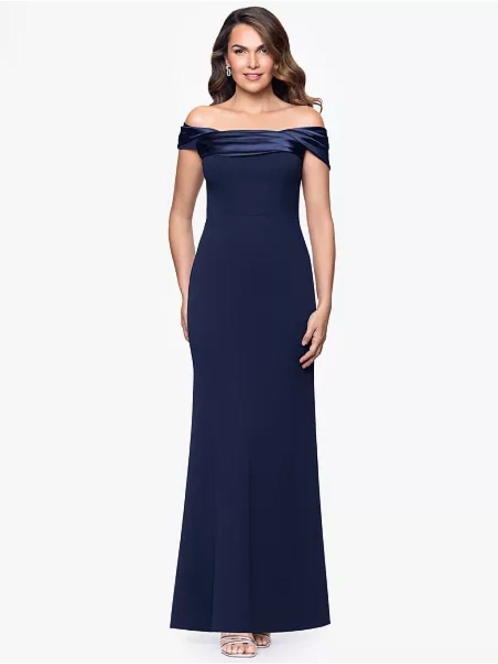 Betsy & Adam Off-the-Shoulder Navy Satin-Trim Gown NWT size 10